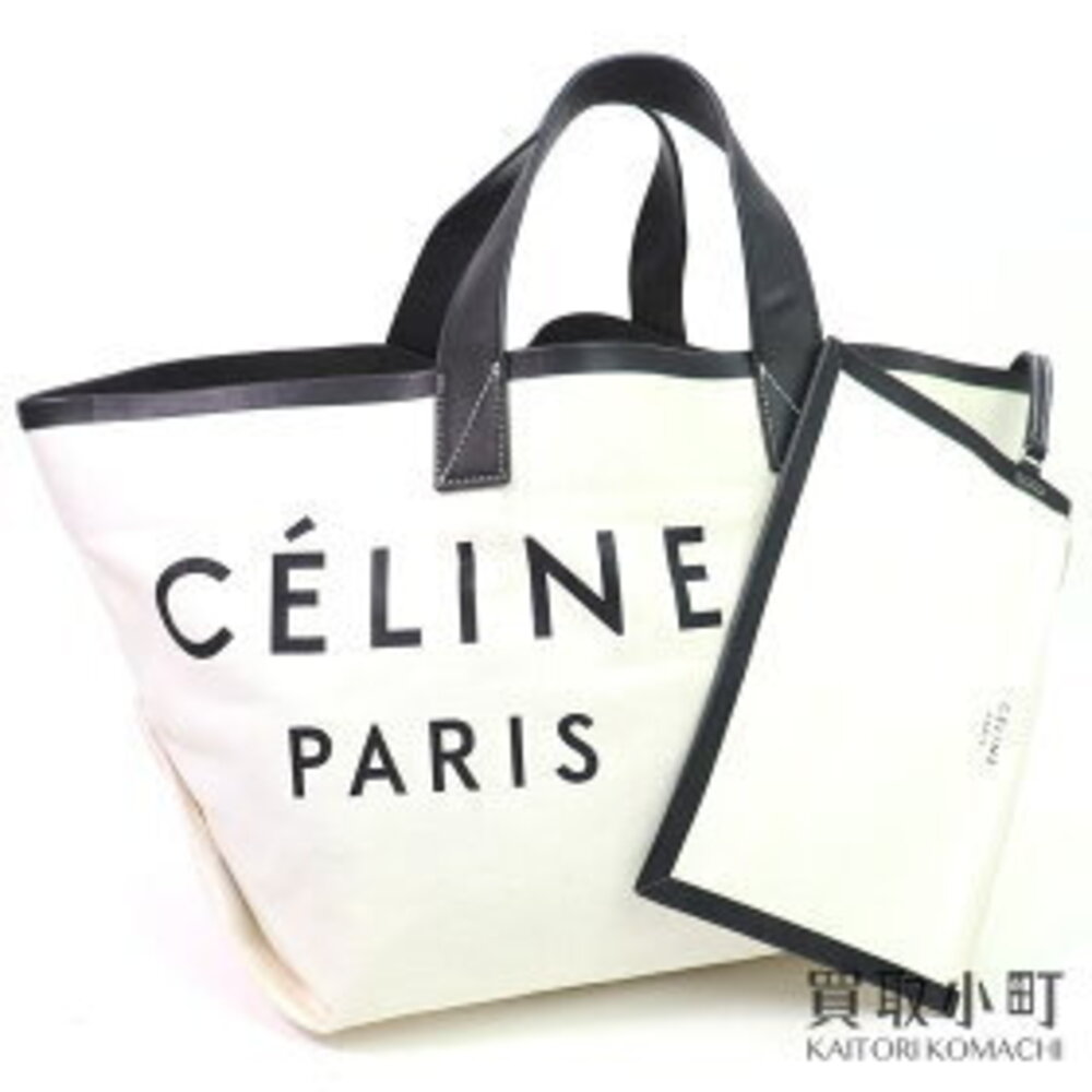 Celine Tote Canvas Leather Bag Natural Black